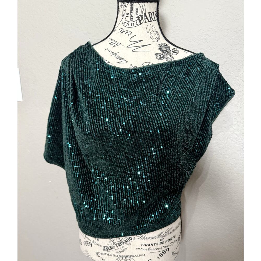 NWT She & Sky Sequins Short Sleeve Top Green Fully Lined Y2K Glam‎